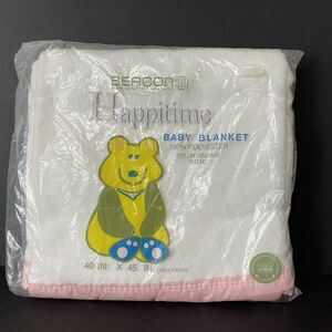 Beacon Vintage Baby Blanket 40” x 45” White Polyester with Nylon Pink Trim - New